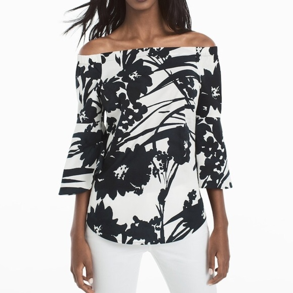 WHBM Black Floral Off Shoulder Bell Sleeve Top